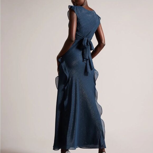 NWOT Ted Baker Laurae Bias Cut Ruffle Gown in Midnight Blue Shimmer - Picture 2 of 12